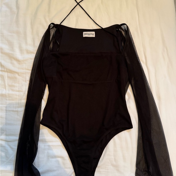 Black Sheer sleeved Long Sleeve Bodysuit - Picture 2 of 4